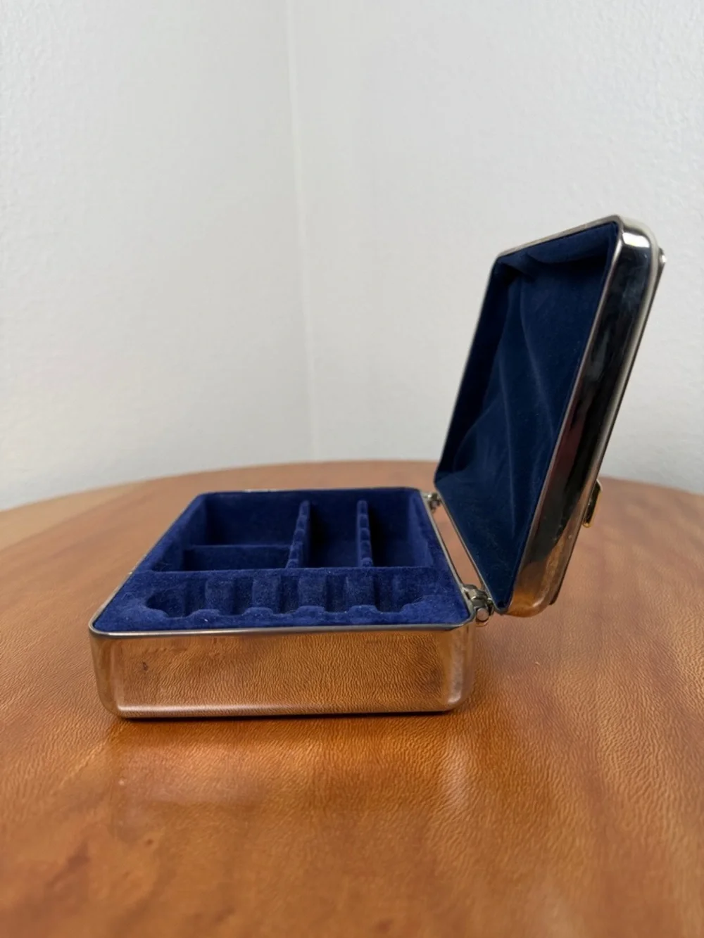 Vintage Silver Plated Jewelry Box w/ Gold Colored Bow Blue Velvet Lined
